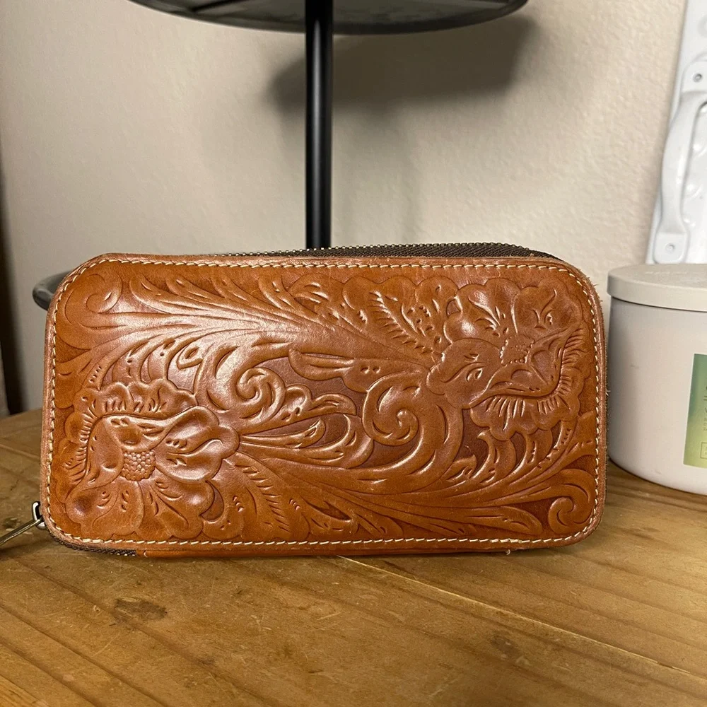 Patricia Nash Embossed Tool Leather Wallet- Floral Boho Zip Around Clutch - Picture 2 of 11